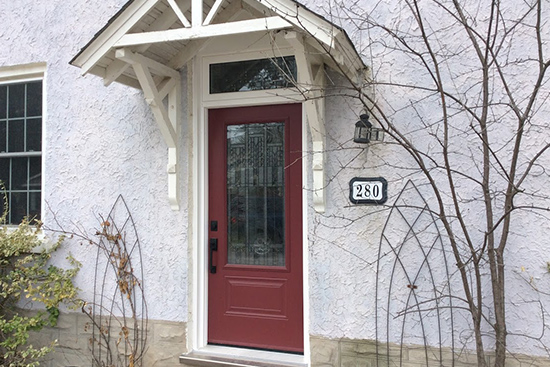Replacement door with transom with patterned glass insert and hardware supplied by Lloyd Scott Enterprises
